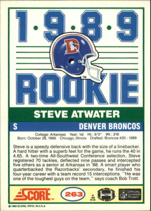 1989 Score #263 Steve Atwater RC back image