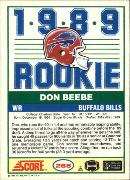 1989 Score #265 Don Beebe RC back image