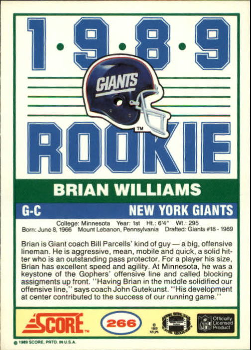 1989 Score #266 Brian Williams OL RC back image
