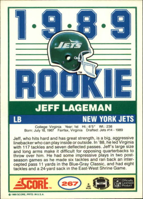 1989 Score #267 Jeff Lageman RC back image