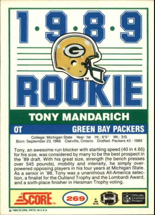 1989 Score #269 Tony Mandarich RC back image