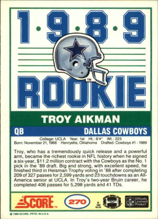 1989 Score #270 Troy Aikman RC back image