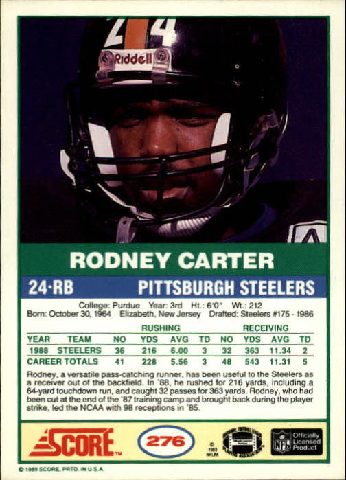 1989 Score #276 Rodney Carter back image