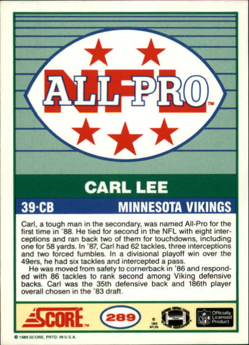 1989 Score #289 Carl Lee AP RC back image