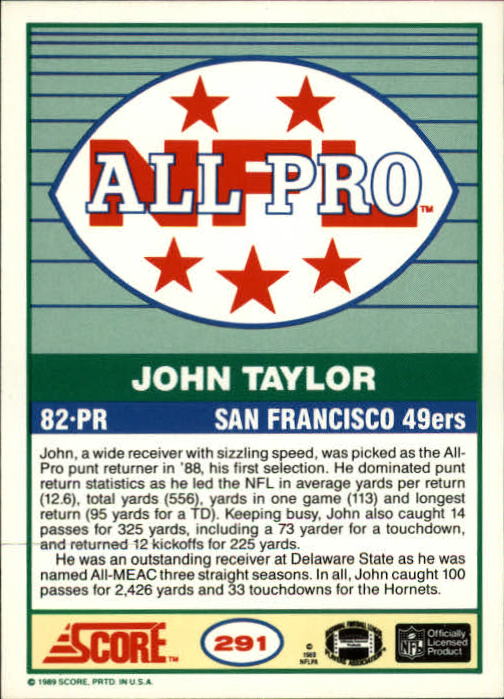 1989 Score #291 John Taylor AP back image