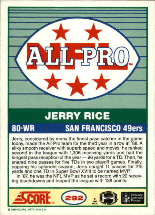 1989 Score #292 Jerry Rice AP back image