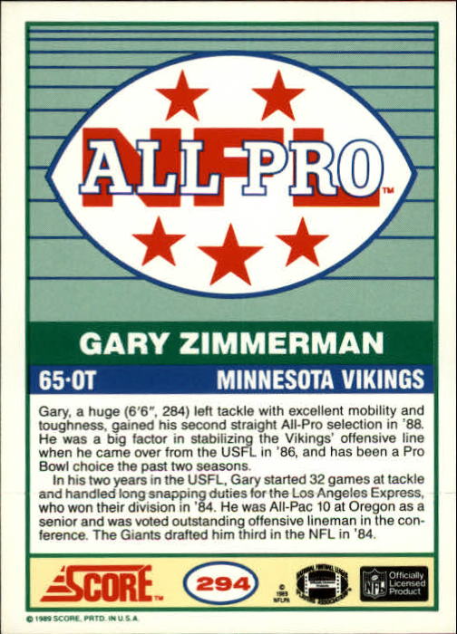 1989 Score #294 Gary Zimmerman AP back image