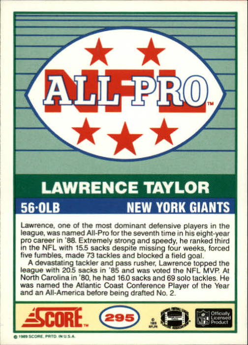 1989 Score #295 Lawrence Taylor AP back image