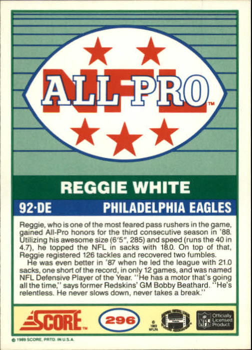 1989 Score #296 Reggie White AP back image
