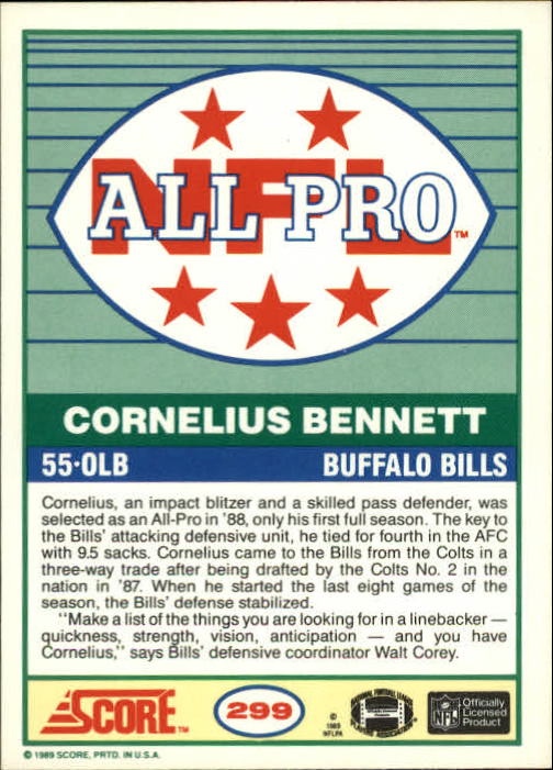 1989 Score #299 Cornelius Bennett AP back image