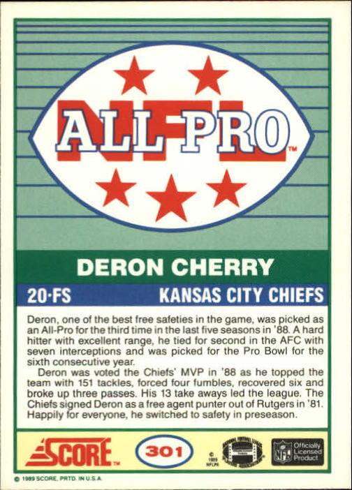 1989 Score #301 Deron Cherry AP back image