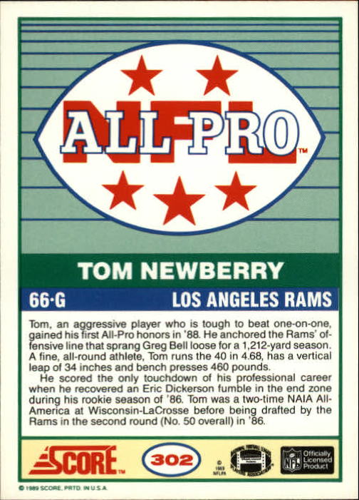 1989 Score #302 Tom Newberry AP back image