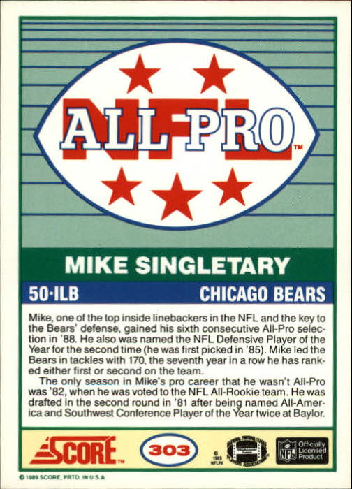 1989 Score #303 Mike Singletary AP back image
