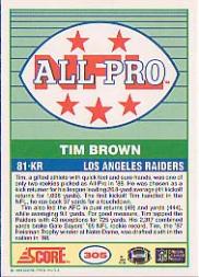 1989 Score #305B Tim Brown COR AP/(Dark jersey 81) back image