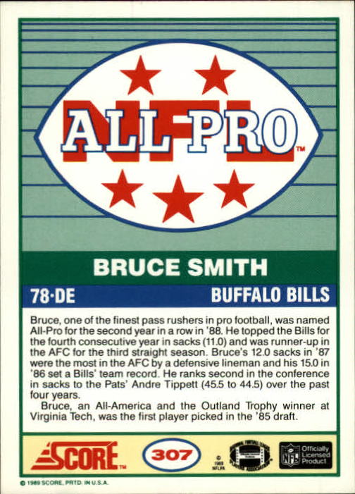 1989 Score #307 Bruce Smith AP back image