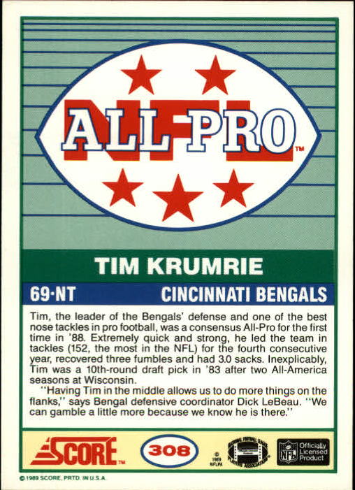 1989 Score #308 Tim Krumrie AP back image