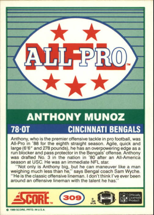 1989 Score #309 Anthony Munoz AP back image