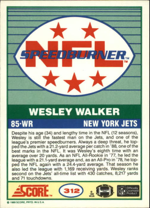 1989 Score #312 Wesley Walker SPEED back image