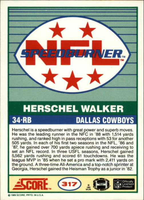 1989 Score #317 Herschel Walker SPEED back image