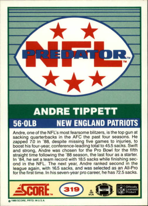 1989 Score #319 Andre Tippett PRED back image