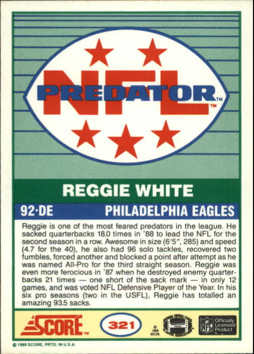 1989 Score #321 Reggie White PRED back image