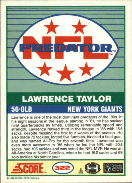 1989 Score #322 Lawrence Taylor PRED back image