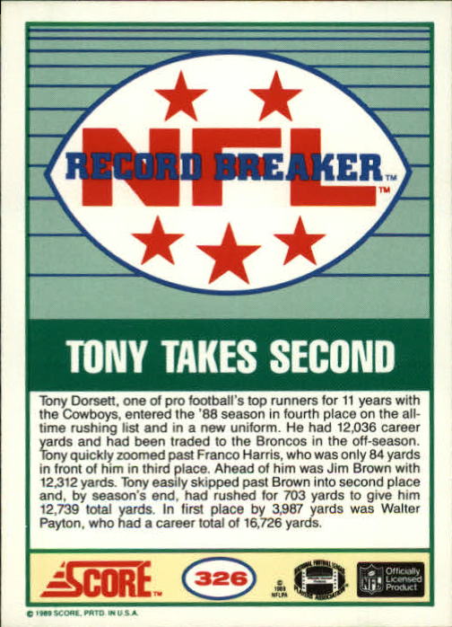 1989 Score #326 Tony Dorsett RB back image