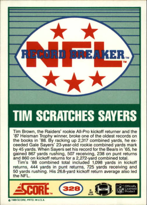 1989 Score #328 Tim Brown RB back image