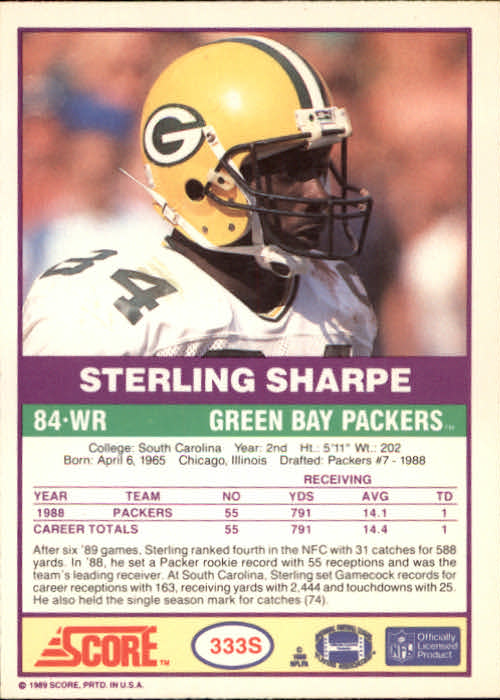 1989 Score Supplemental #333S Sterling Sharpe RC back image