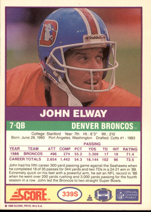 1989 Score Supplemental #339S John Elway back image