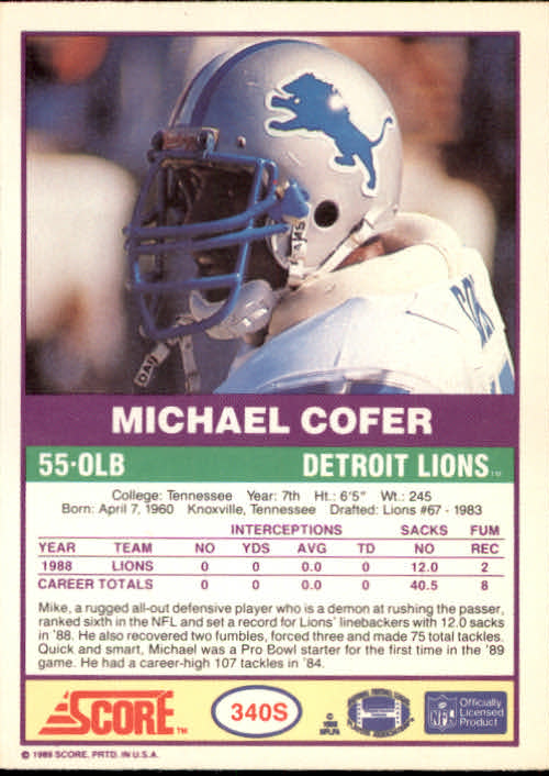 1989 Score Supplemental #340S Michael Cofer back image