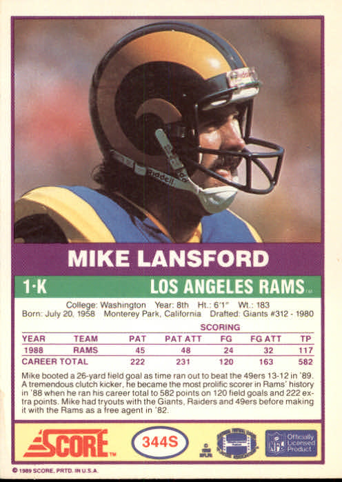 1989 Score Supplemental #344S Mike Lansford back image