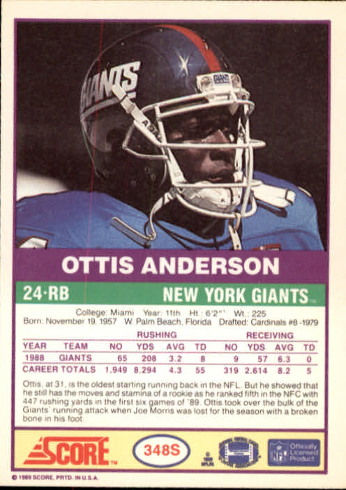 1989 Score Supplemental #348S Ottis Anderson back image