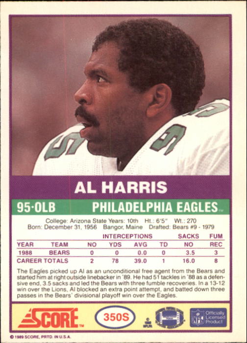 1989 Score Supplemental #350S Al Harris RC back image