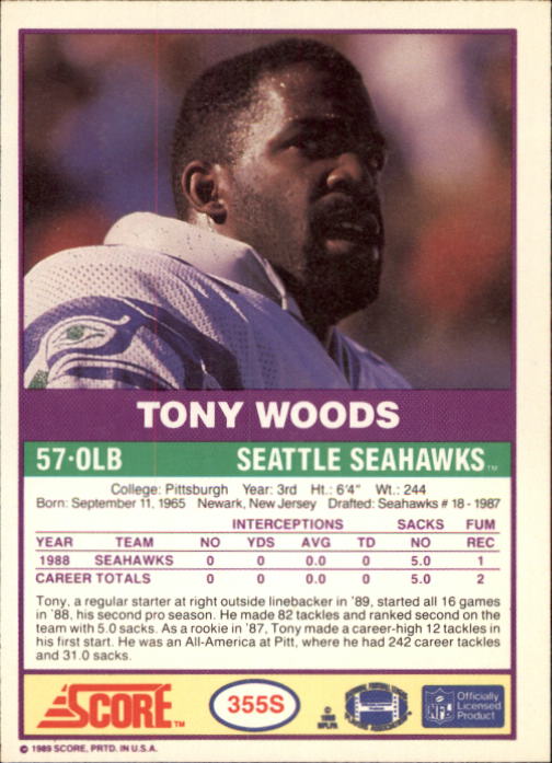 1989 Score Supplemental #355S Tony Woods RC back image