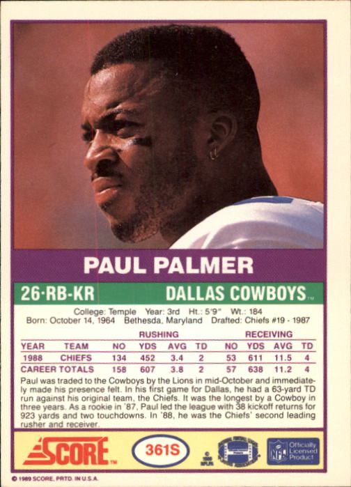1989 Score Supplemental #361S Paul Palmer back image