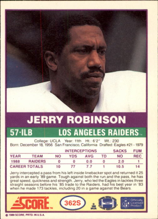 1989 Score Supplemental #362S Jerry Robinson back image