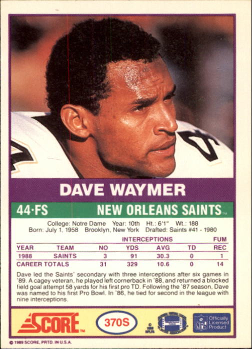 1989 Score Supplemental #370S Dave Waymer back image