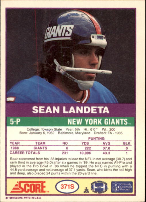 1989 Score Supplemental #371S Sean Landeta back image