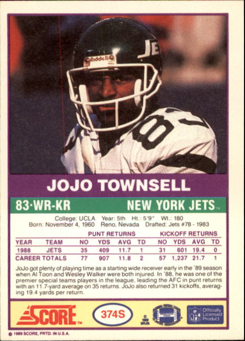 1989 Score Supplemental #374S Jo Jo Townsell back image