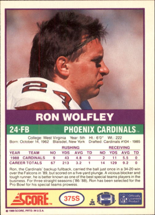 1989 Pro Set Football Ron Wolfley Phoenix Cardinals #340