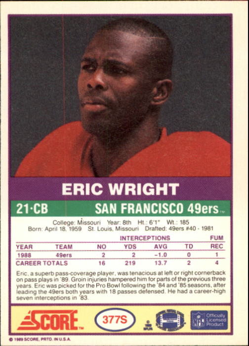 1989 Score Supplemental #377S Eric Wright back image