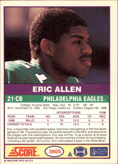1989 Score Supplemental #380S Eric Allen RC back image