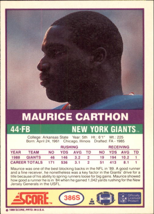 1989 Score Supplemental #386S Maurice Carthon back image