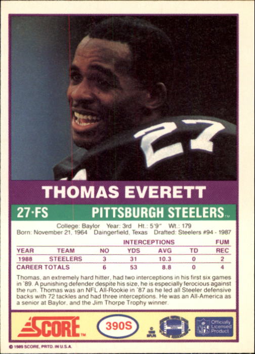 1989 Score Supplemental #390S Thomas Everett RC back image