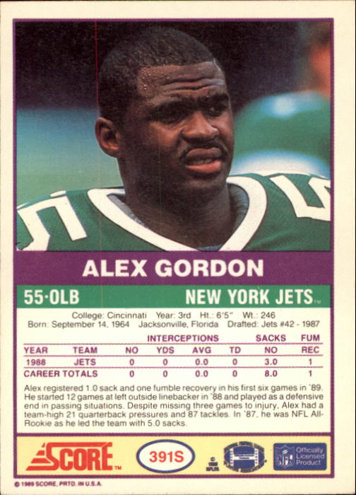 1989 Score Supplemental #391S Alex Gordon back image