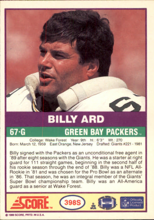 1989 Score Supplemental #398S Billy Ard back image