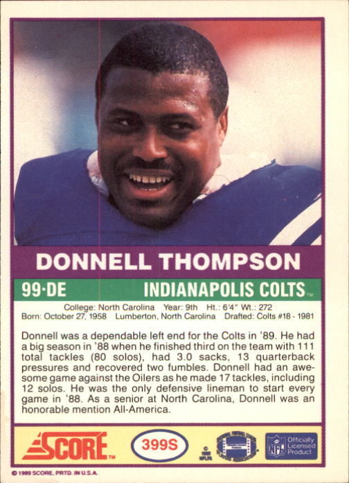 1989 Score Supplemental #399S Donnell Thompson back image