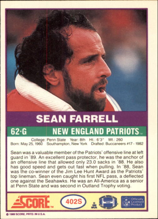 1989 Score Supplemental #402S Sean Farrell back image