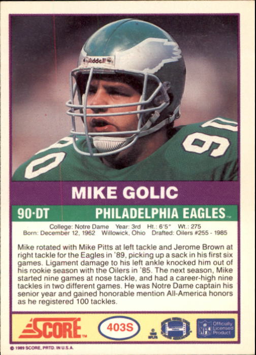 1989 Score Supplemental #403S Mike Golic RC back image